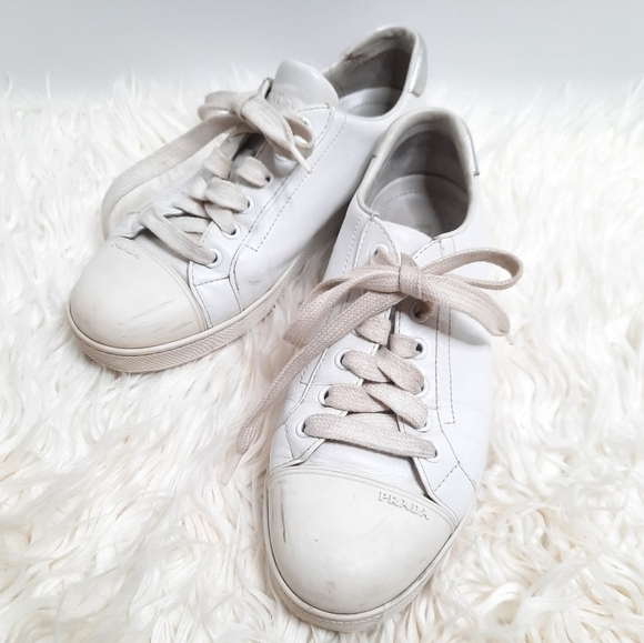 Prada White & Silver Leather Sneakers 37 - Picture 1 of 10